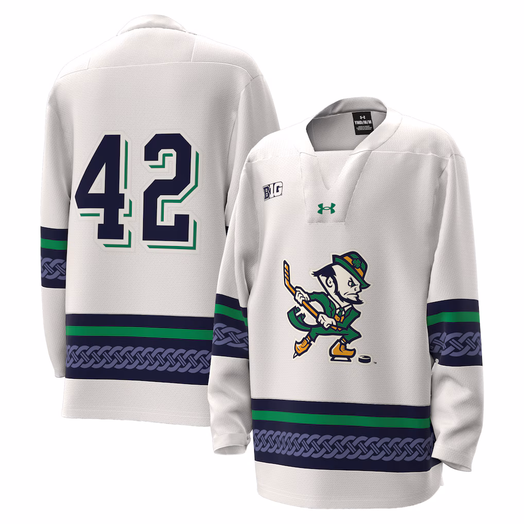 Youth Under Armour #42 White Notre Dame Fighting Irish Alternate Leprechaun Replica Hockey Jersey - Ujersey Shop
