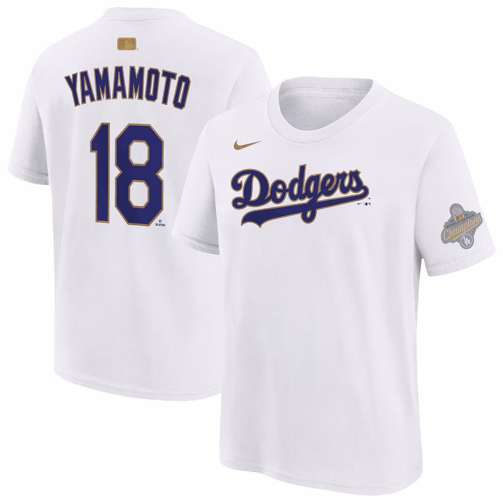 Youth Los Angeles Dodgers Yoshinobu Yamamoto Nike White 2026 Gold Collection Name & Number T-Shirt - ujerseystore