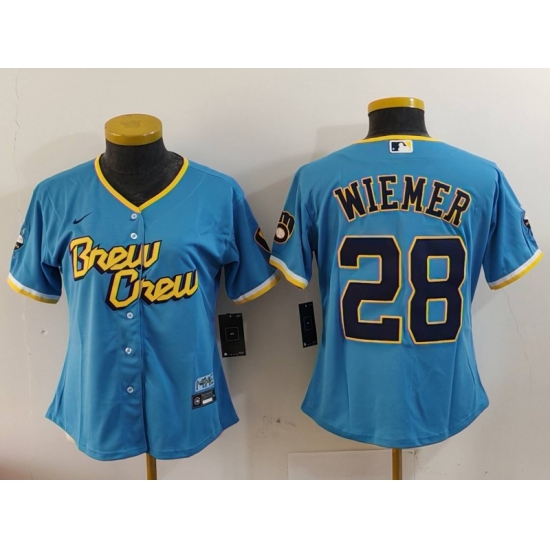 Youth Milwaukee Brewers #28 Joey Wiemer Blue 2022 City Connect Cool Base Stitched Jersey - Ujersey