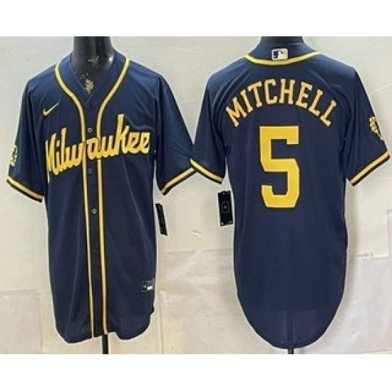 Men's Milwaukee Brewers #5 Garrett Mitchell Navy Blue Stitched Cool Base Jersey - Ujersey