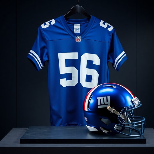 A classic blue New York Giants football jersey and a metallic blue helmet featuring the lowercase 'ny' logo.