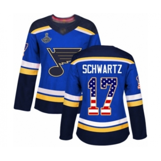 Women's St. Louis Blues #17 Jaden Schwartz Authentic Blue USA Flag Fashion 2019 Stanley Cup Champions Hockey Jersey - Ujersey
