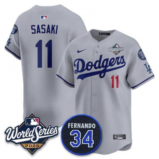 Men's Los Angeles Dodgers #11 Rōki Sasaki Gray 2025 World Series With No. 34 Limited Stitched Jersey - Ujersey