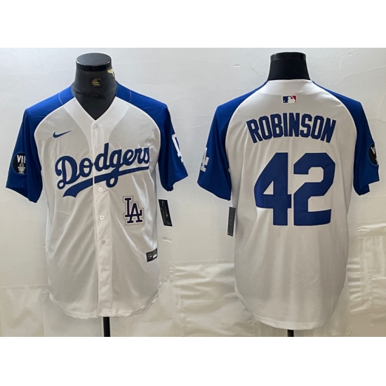 Men's Los Angeles Dodgers #42 Jackie Robinson White Blue Fashion Stitched Cool Base Limited Jersey - Ujersey