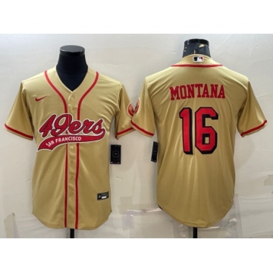 Men's San Francisco 49ers #16 Joe Montana Gold Color Rush With Patch Cool Base Stitched Baseball Jersey - Ujersey