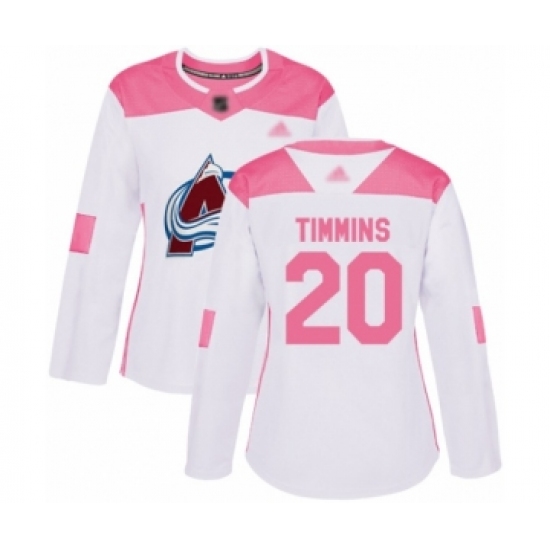 Women's Colorado Avalanche #20 Conor Timmins Authentic White Pink Fashion Hockey Jersey