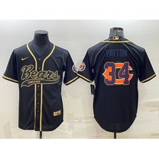 Men's Chicago Bears #34 Walter Payton Black Gold Team Big Logo With Patch Cool Base Stitched Baseball Jersey - Ujersey
