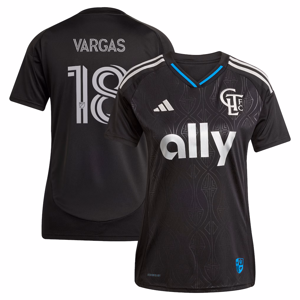 Women's Charlotte FC Kerwin Vargas adidas Black 2025 Fortress Kit Replica Jersey