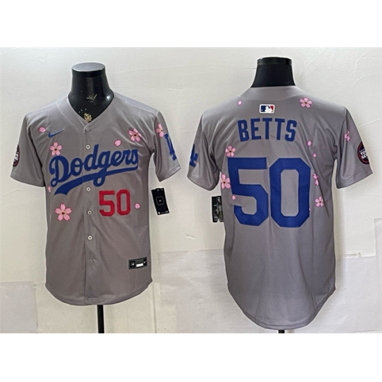 Men's Los Angeles Dodgers #50 Mookie Betts Grey 2025 Tokyo Series Limited Stitched Baseball Jersey - Ujersey