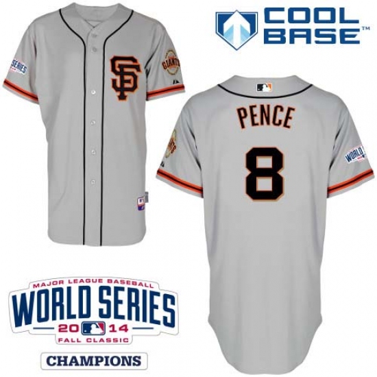 Youth Majestic San Francisco Giants #8 Hunter Pence Authentic Grey Road 2 Cool Base w/2014 World Series Patch MLB Jersey - Ujersey