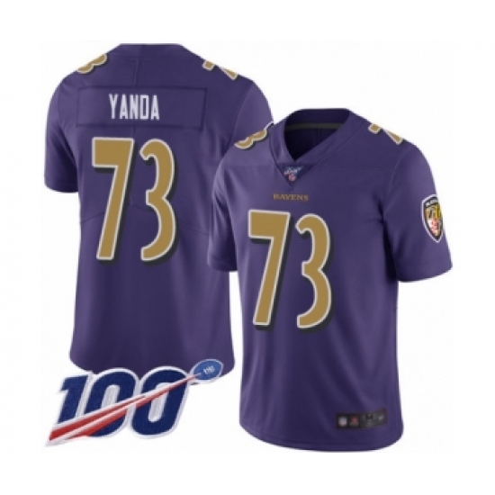 Men's Baltimore Ravens #73 Marshal Yanda Limited Purple Rush Vapor Untouchable 100th Season Football Jersey - Ujersey