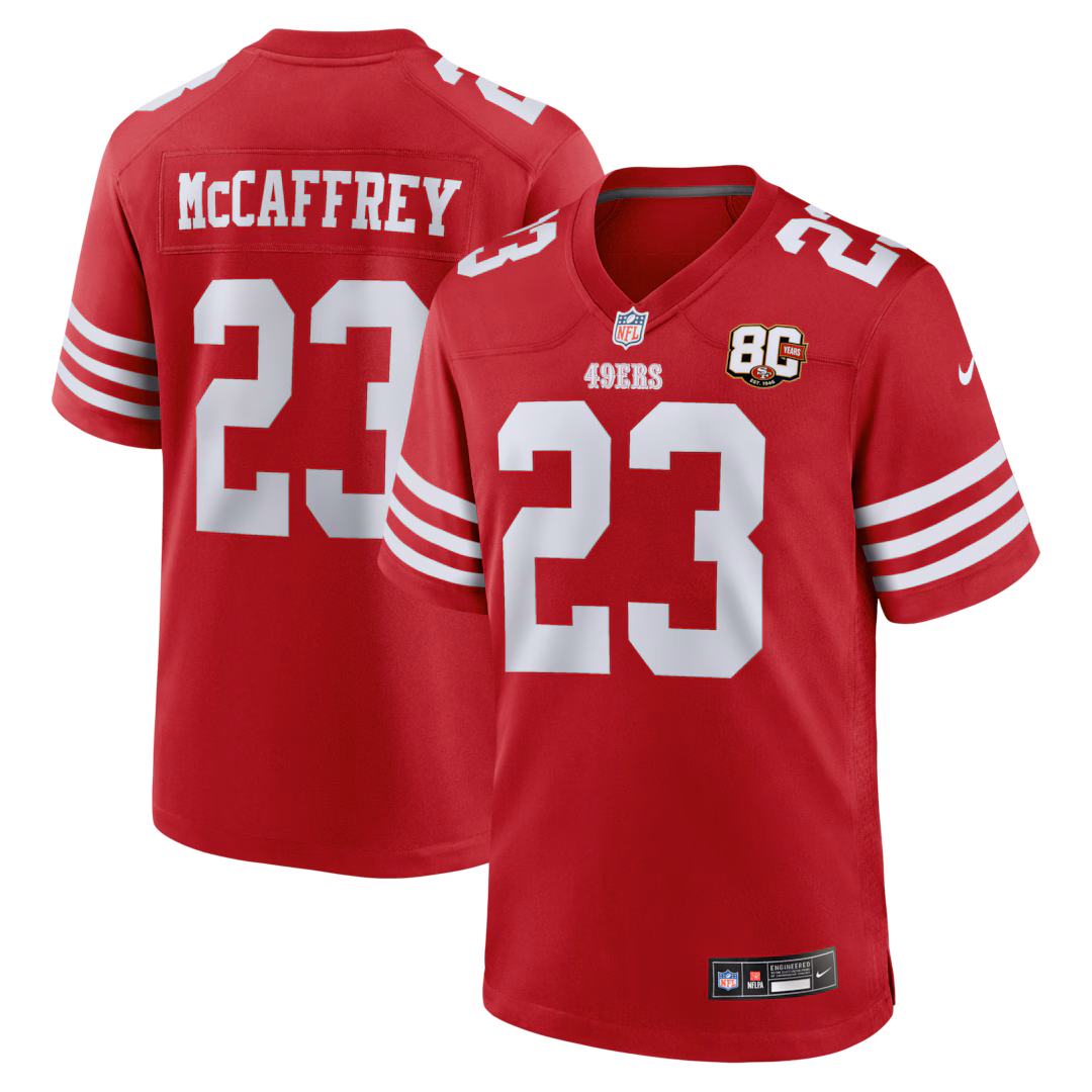 Men's San Francisco 49ers Christian McCaffrey Nike Scarlet 80th Anniversary Game Jersey
