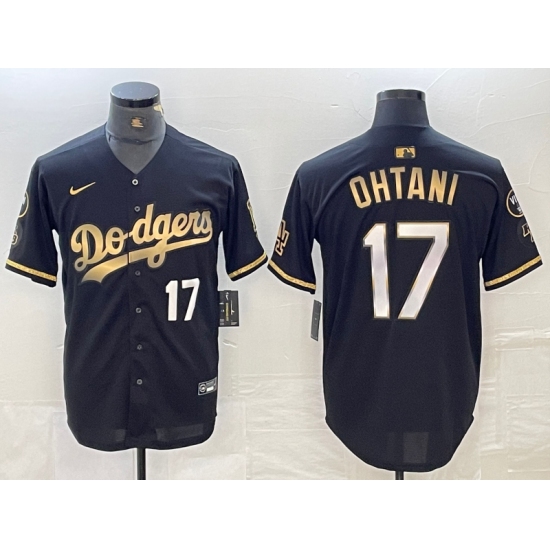 Men's Los Angeles Dodgers #17 Shohei Ohtani Number Black Gold Stitched Cool Base Nike Jerseys - Ujersey
