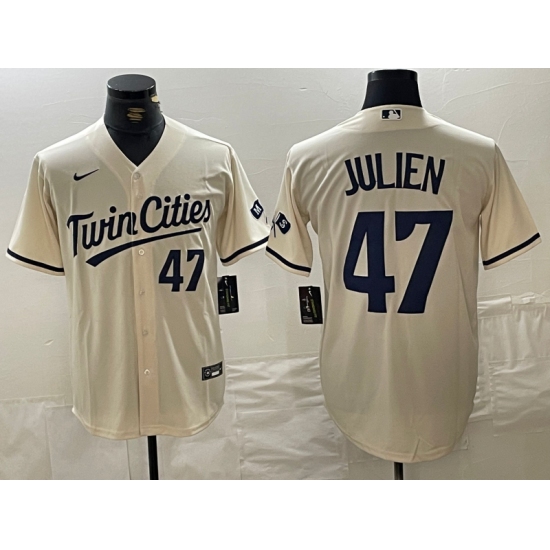 Men's Minnesota Twins #47 Edouard Julien Number Cream Cool Base Stitched Baseball Jersey - Ujersey