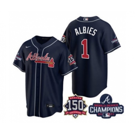 Men's Atlanta Braves #1 Ozzie Albies 2021 Navy World Series Champions With 150th Anniversary Patch Cool Base Stitched Jersey - Ujersey