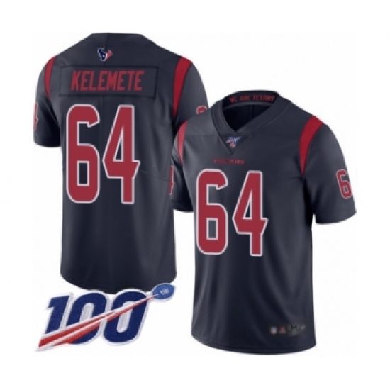 Men's Houston Texans #64 Senio Kelemete Limited Navy Blue Rush Vapor Untouchable 100th Season Football Jersey - Ujersey