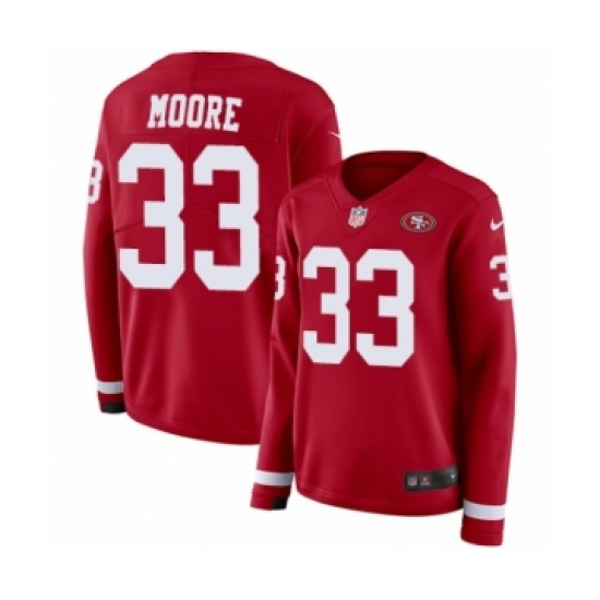 Women's Nike San Francisco 49ers #33 Tarvarius Moore Limited Red Therma Long Sleeve NFL Jersey - Ujersey