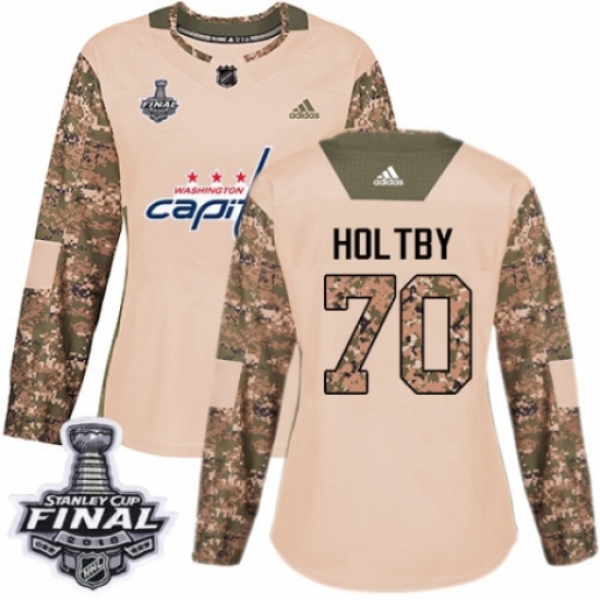 Women's Adidas Washington Capitals #70 Braden Holtby Authentic Camo Veterans Day Practice 2018 Stanley Cup Final NHL Jersey - Ujersey