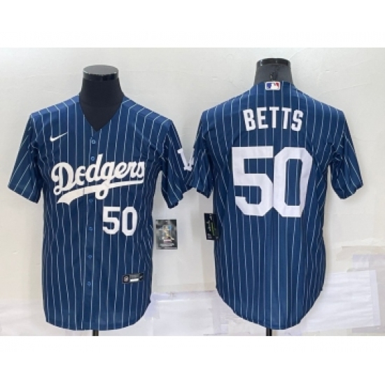Men's Los Angeles Dodgers #50 Mookie Betts Number Navy Blue Pinstripe Stitched MLB Cool Base Nike Jersey - Ujersey