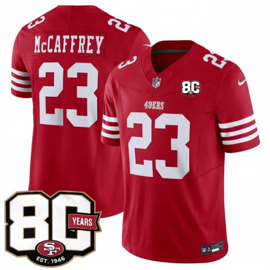 Men's San Francisco 49ers #23 Christian McCaffrey Red 80th Anniversary 2026 F.U.S.E. Vapor Untouchable Limited Football Stitched Jersey