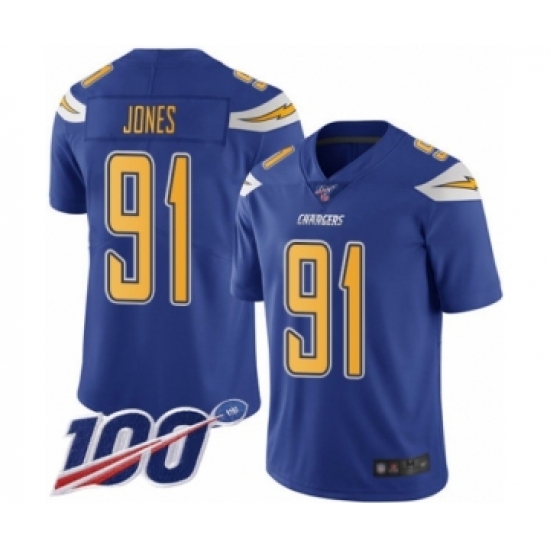 Men's Los Angeles Chargers #91 Justin Jones Limited Electric Blue Rush Vapor Untouchable 100th Season Football Jersey - Ujersey