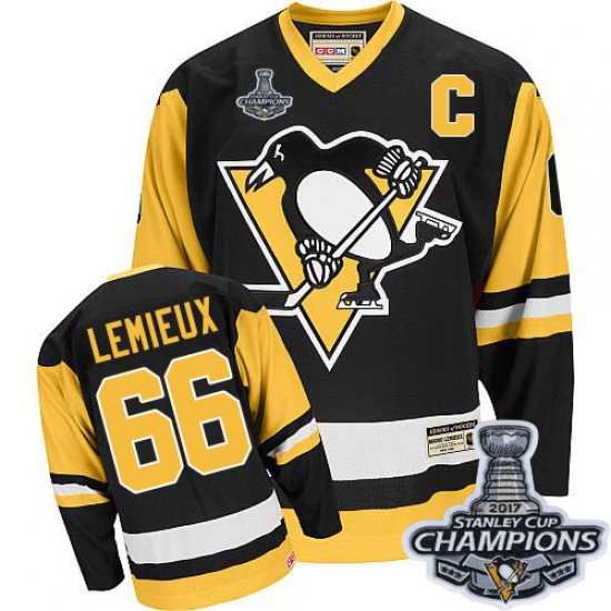 Youth CCM Pittsburgh Penguins #66 Mario Lemieux Premier Black Throwback 2017 Stanley Cup Champions NHL Jersey - Ujersey