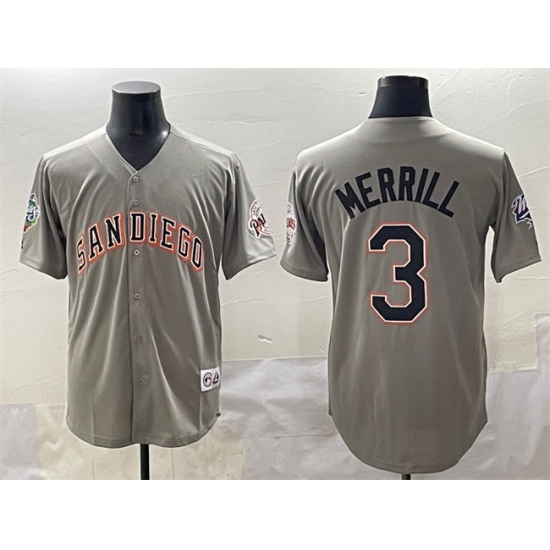 Men's San Diego Padres #3 Jackson Merrill Gray Fashion Throwback With Cool Base Stitched Jersey