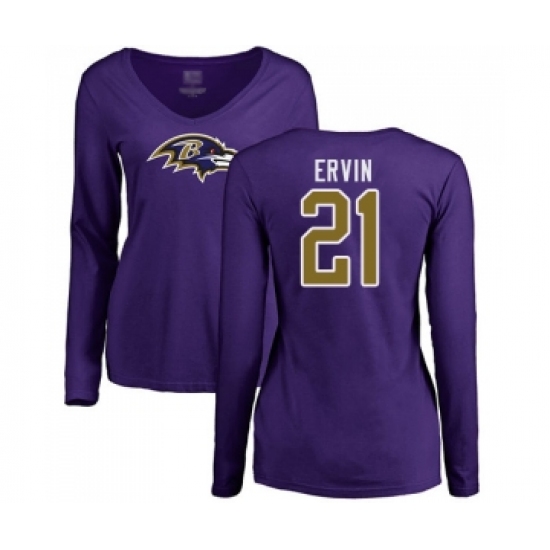 Football Women's Baltimore Ravens #21 Tyler Ervin Purple Name & Number Logo Long Sleeve T-Shirt - Ujersey