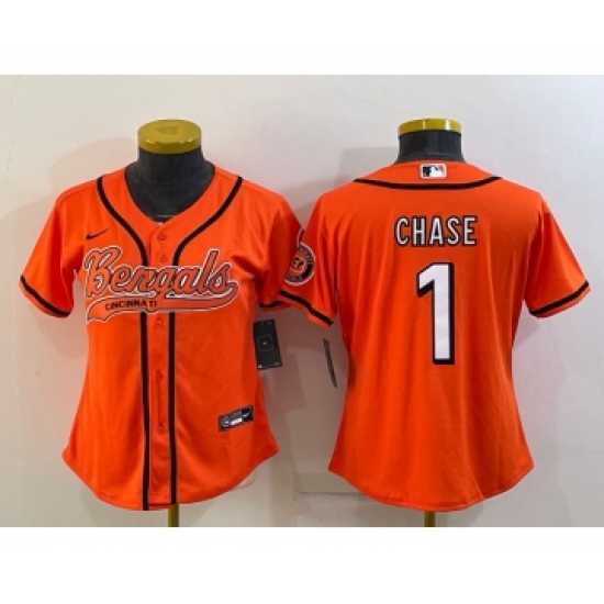 Women's Cincinnati Bengals #1 JaMarr Chase Orange With Patch Cool Base Stitched Baseball Jersey - Ujersey