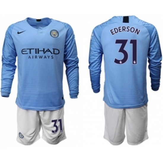 Manchester City #31 Ederson Home Long Sleeves Soccer Club Jersey