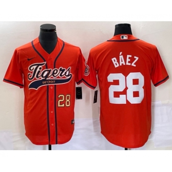 Men's Detroit Tigers #28 Javier Baez Number Orange Cool Base Stitched Baseball Jersey - Ujersey