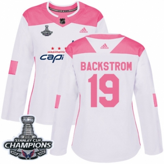Women's Adidas Washington Capitals #19 Nicklas Backstrom Authentic White Pink Fashion 2018 Stanley Cup Final Champions NHL Jersey - Ujersey