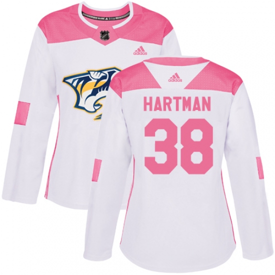 Women's Adidas Nashville Predators #38 Ryan Hartman Authentic White Pink Fashion NHL Jersey - Ujersey
