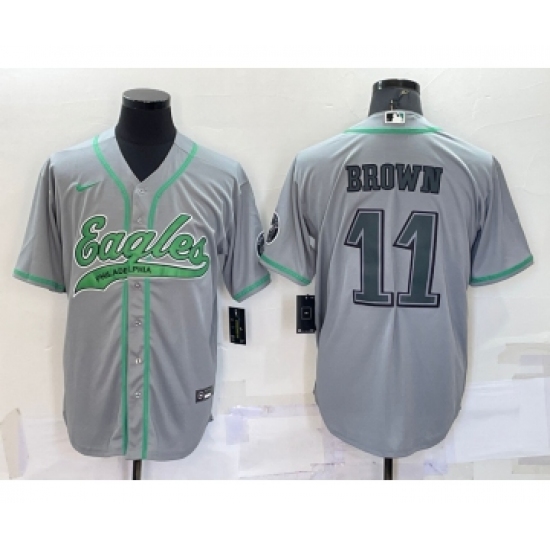 Men's Philadelphia Eagles #11 AJ Brown Grey With Patch Cool Base Stitched Baseball Jersey - Ujersey