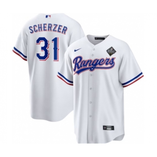 Men's Texas Rangers #31 Max Scherzer 2023 White World Series Stitched Baseball Jersey - Ujersey