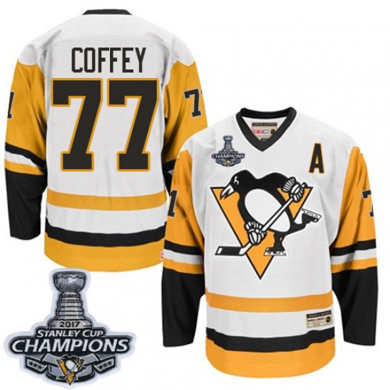 Men's CCM Pittsburgh Penguins #77 Paul Coffey Premier White Throwback 2017 Stanley Cup Champions NHL Jersey - Ujersey
