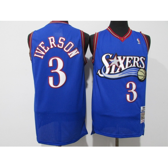 Men's Philadelphia 76ers #3 Allen Iverson Blue Throwback Basketbal Jersey - Ujersey