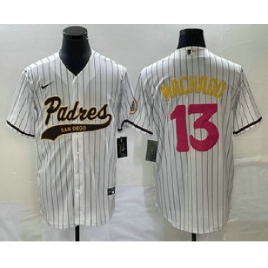Men's San Diego Padres #13 Manny Machado White Pinstripe 2023 City Connect Cool Base Stitched Jersey - Ujersey