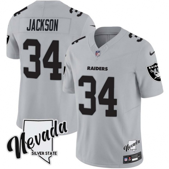 Men's Las Vegas Raiders #34 Bo Jackson Gray F.U.S.E. With Nevada Silver Stat Vapor Limited Football Stitched Jersey - Ujersey