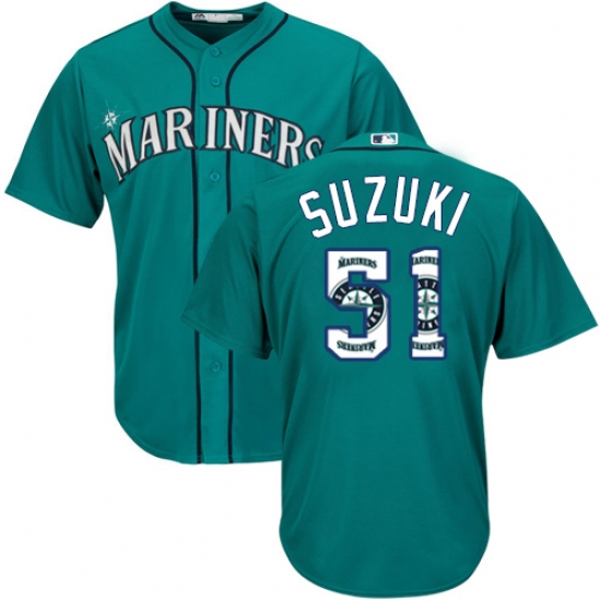 Men's Majestic Seattle Mariners #51 Ichiro Suzuki Authentic Teal Green Team Logo Fashion Cool Base MLB Jersey - Ujersey