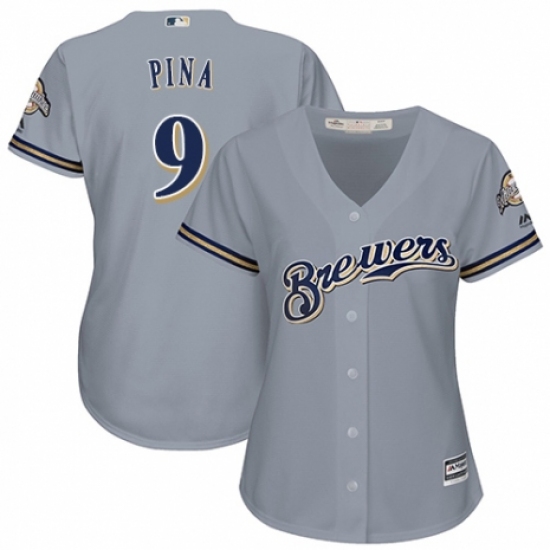 Women's Majestic Milwaukee Brewers #9 Manny Pina Replica Grey Road Cool Base MLB Jersey - Ujersey