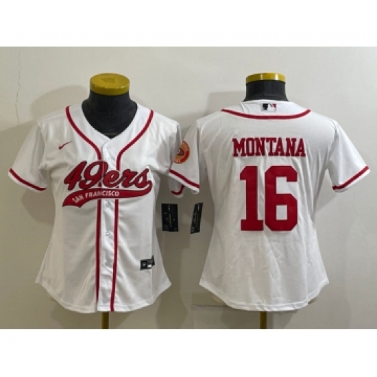 Women's San Francisco 49ers #16 Joe Montana White With Patch Cool Base Stitched Baseball Jersey - Ujersey