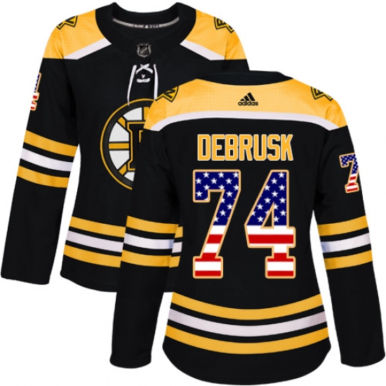 Women's Adidas Boston Bruins #74 Jake DeBrusk Authentic Black USA Flag Fashion NHL Jersey