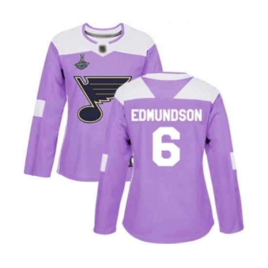 Women's St. Louis Blues #6 Joel Edmundson Authentic Purple Fights Cancer Practice 2019 Stanley Cup Champions Hockey Jersey - Ujersey
