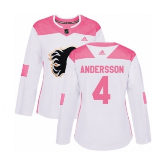 Women's Adidas Calgary Flames #4 Rasmus Andersson Authentic White Pink Fashion NHL Jersey - Ujersey