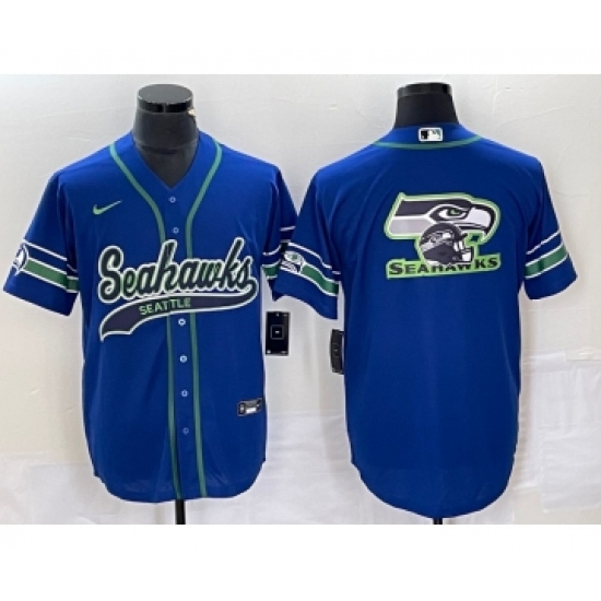 Men's Nike Seattle Seahawks Big Logo Blue Cool Base Stitched Baseball Jersey - Ujersey