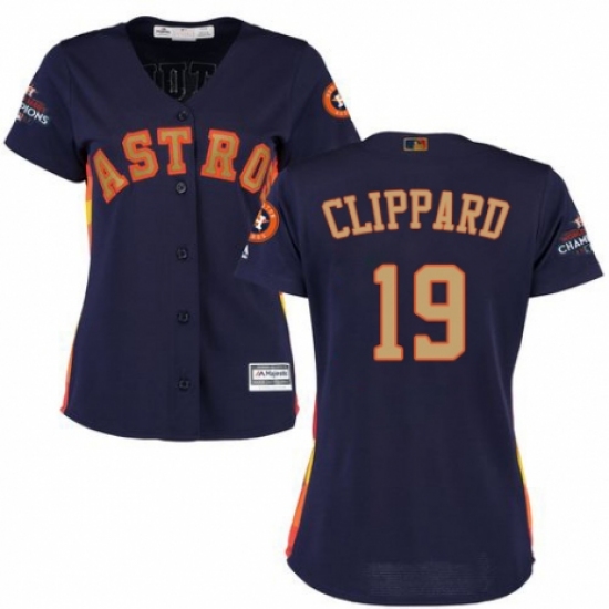 Women's Majestic Houston Astros #19 Tyler Clippard Authentic Navy Blue Alternate 2018 Gold Program Cool Base MLB Jersey - Ujersey