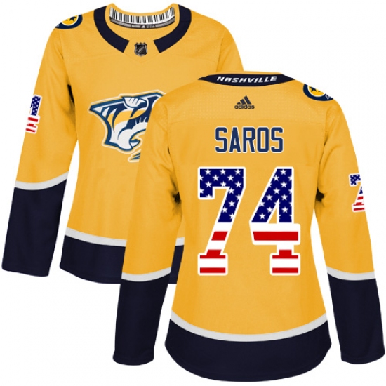 Women's Adidas Nashville Predators #74 Juuse Saros Authentic Gold USA Flag Fashion NHL Jersey - Ujersey