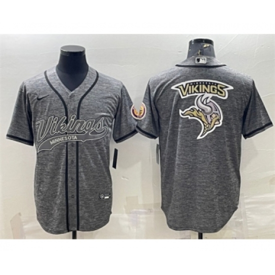 Men's Minnesota Vikings Gray Team Big Logo With Patch Cool Base Stitched Baseball Jersey - Ujersey