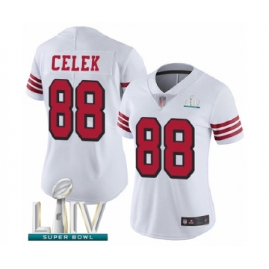 Women's San Francisco 49ers #88 Garrett Celek Limited White Rush Vapor Untouchable Super Bowl LIV Bound Football Jersey - Ujersey